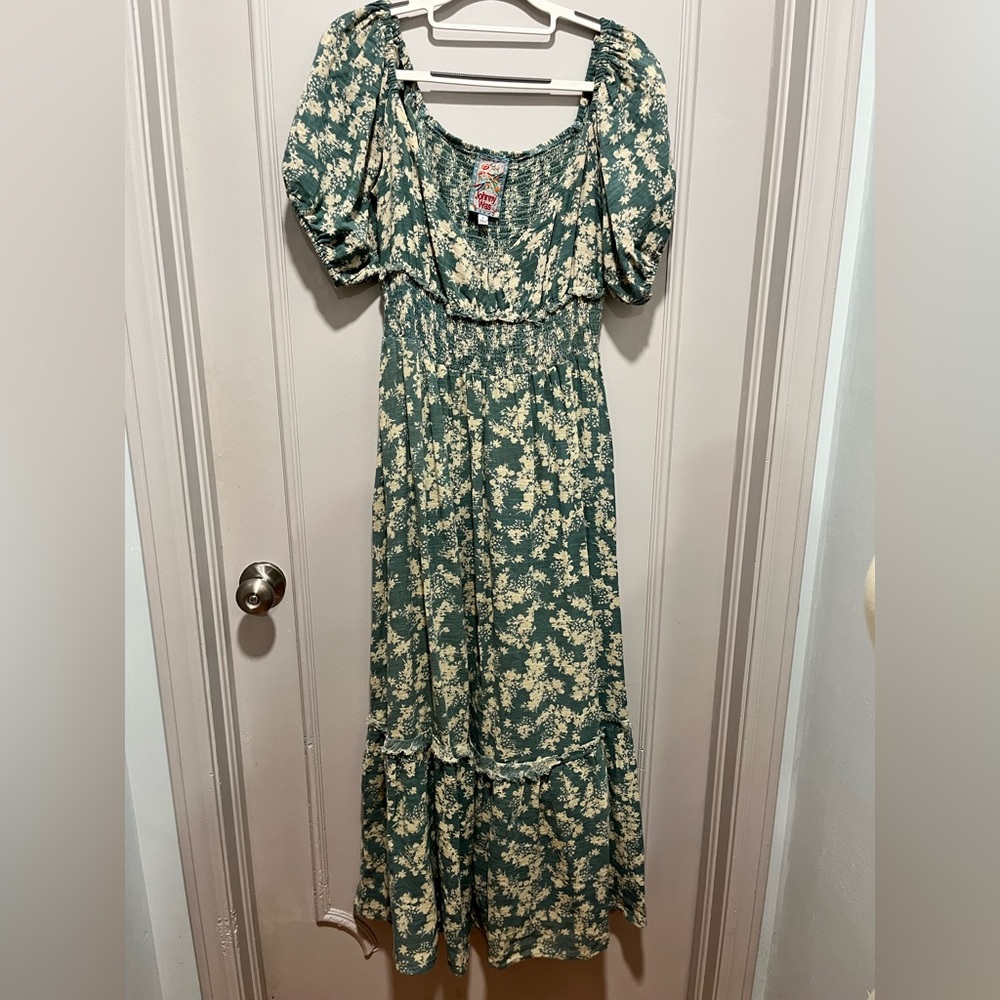 Johnny Was Teal Green Floral Puff-Sleeve Maxi Dress